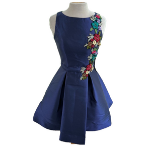 NEW Mac Duggal Fit Flare Blue Satin Size 6 Embroidered Appliqué Dress 517